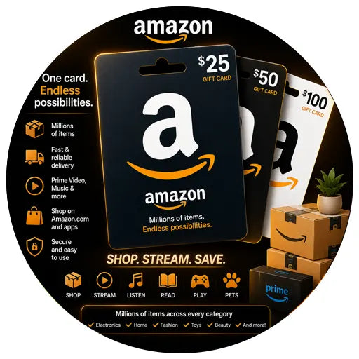 Amazon Cards image featuring $25, $50, and $100 gift cards with endless possibilities for shopping.