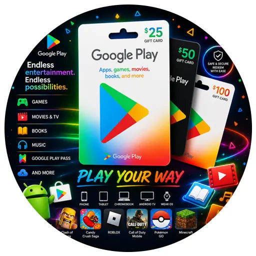 Image of Google Play Cards including $25, $50, and $100 gift cards for apps, games, movies, and subscriptions.