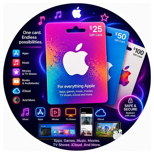 itunes/Apple Cards collection featuring $25, $50, and $100 gift cards for apps, music, movies, and subscriptions.