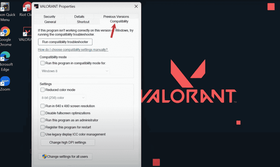 Valorant compatibility settings window in Windows