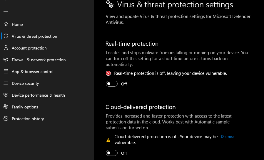 Windows Security: Real-time protection is off