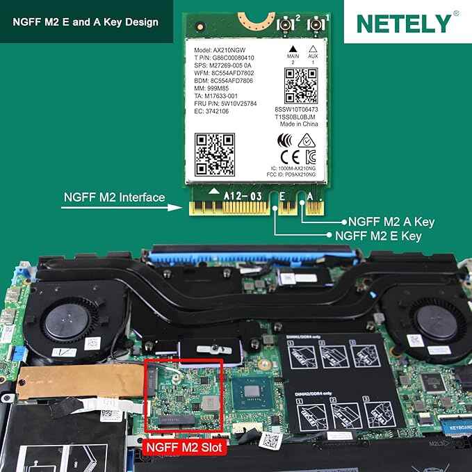 Laptop motherboard showing NGFF M.2 slot and Wi-Fi card