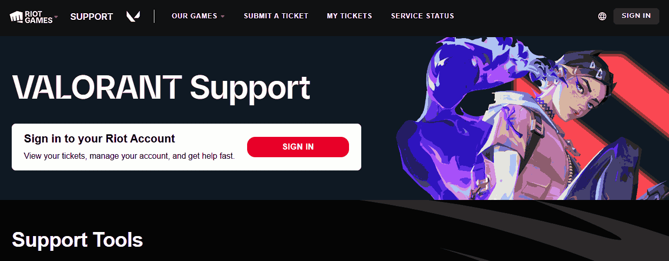 Riot Games support site for Valorant players