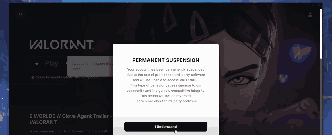 Valorant account permanently suspended for using third-party software