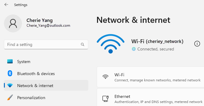 Windows Network Settings with Wi-Fi connected