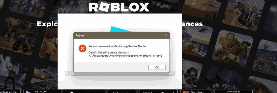 Roblox Studio Startup Error Failed to create directory